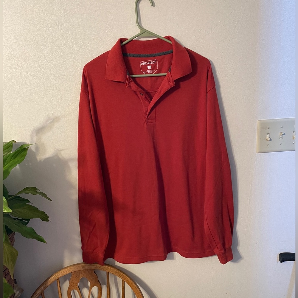 Architect Mens size L long sleeved polo with collar and buttons.  Rust color.